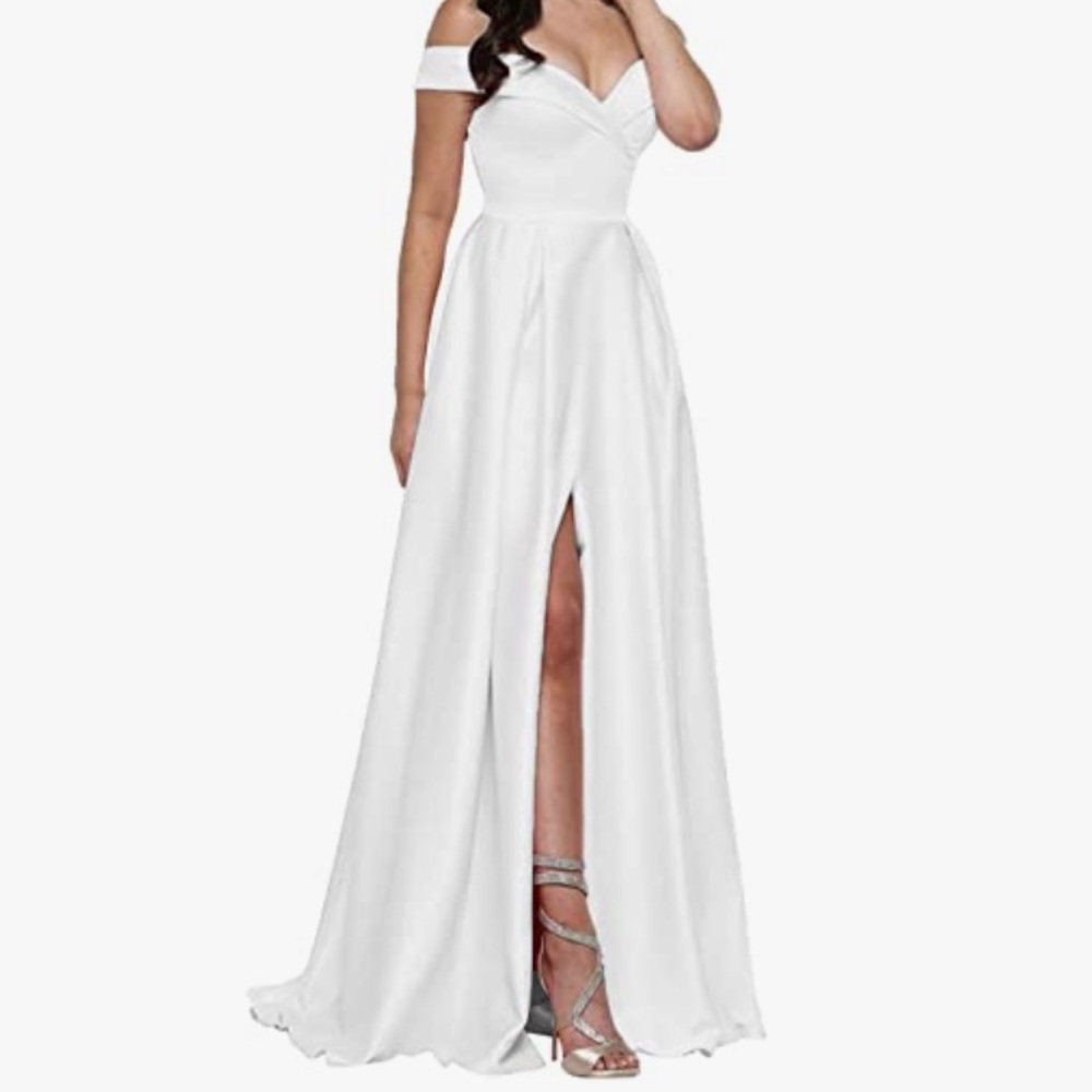 Off The Shoulder Long Satin Evening Gown Pleated Skirt with Pockets